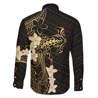 Black and Gold Hawaii Family Matching Long Sleeve Bodycon Dress and Hawaiian Shirt Hammerhead Shark Tattoo Curve Polynesian - Polynesian Pride