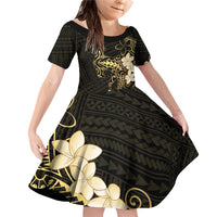 Black and Gold Hawaii Family Matching Off Shoulder Short Dress and Hawaiian Shirt Hammerhead Shark Tattoo Curve Polynesian - Polynesian Pride