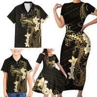 Black and Gold Hawaii Family Matching Short Sleeve Bodycon Dress and Hawaiian Shirt Hammerhead Shark Tattoo Curve Polynesian - Polynesian Pride