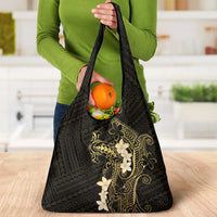 Black and Gold Hawaii Grocery Bag Hammerhead Shark Tattoo Curve Polynesian - Polynesian Pride