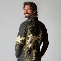 Black and Gold Hawaii Long Sleeve Polo Shirt Hammerhead Shark Tattoo Curve Polynesian - Polynesian Pride