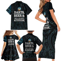Personalized New Zealand Darts Beer Family Matching Short Sleeve Bodycon Dress and Hawaiian Shirt Paua Shell Aotearoa Maori Tattoo - Polynesian Pride