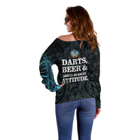 Personalized New Zealand Darts Beer Off Shoulder Sweater Paua Shell Aotearoa Maori Tattoo - Polynesian Pride