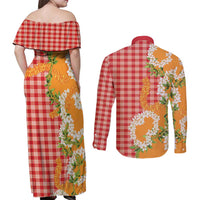 Prince Kuhio Aloha Hawaii Couples Matching Off Shoulder Maxi Dress and Long Sleeve Button Shirt Plumeria Ilima Lei Palaka Motifs