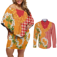 Prince Kuhio Aloha Hawaii Couples Matching Off Shoulder Short Dress and Long Sleeve Button Shirt Plumeria Ilima Lei Palaka Motifs