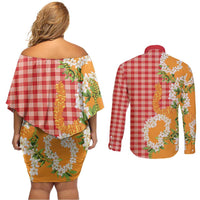 Prince Kuhio Aloha Hawaii Couples Matching Off Shoulder Short Dress and Long Sleeve Button Shirt Plumeria Ilima Lei Palaka Motifs