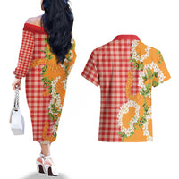 Prince Kuhio Aloha Hawaii Couples Matching Off The Shoulder Long Sleeve Dress and Hawaiian Shirt Plumeria Ilima Lei Palaka Motifs