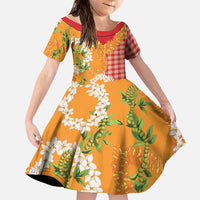 Prince Kuhio Aloha Hawaii Family Matching Off Shoulder Short Dress and Hawaiian Shirt Plumeria Ilima Lei Palaka Motifs LT14 Daughter's Dress Red - Polynesian Pride