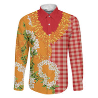 Prince Kuhio Aloha Hawaii Family Matching Off Shoulder Short Dress and Hawaiian Shirt Plumeria Ilima Lei Palaka Motifs LT14 Dad's Shirt - Long Sleeve Red - Polynesian Pride