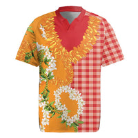 Prince Kuhio Aloha Hawaii Rugby Jersey Plumeria Ilima Lei Palaka Motifs LT14 Red - Polynesian Pride