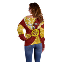 Personalised Tonga High School Off Shoulder Sweater Tongan Ngatu Pattern LT14 - Polynesian Pride