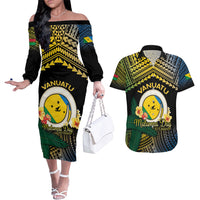 Personalised Malampa Day Couples Matching Off The Shoulder Long Sleeve Dress and Hawaiian Shirt Vanuatu Provinces Polynesian Pattern