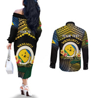 Personalised Malampa Day Couples Matching Off The Shoulder Long Sleeve Dress and Long Sleeve Button Shirt Vanuatu Provinces Polynesian Pattern