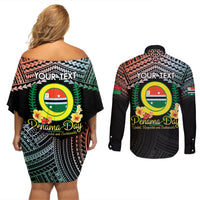 Personalised Penama Day Couples Matching Off Shoulder Short Dress and Long Sleeve Button Shirt Vanuatu Provinces Polynesian Pattern