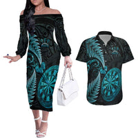 Personalised New Zealand Darts Couples Matching Off The Shoulder Long Sleeve Dress and Hawaiian Shirt Happiness Is A Tight Threesome Maori Paua Shell