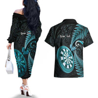 Personalised New Zealand Darts Couples Matching Off The Shoulder Long Sleeve Dress and Hawaiian Shirt Happiness Is A Tight Threesome Maori Paua Shell