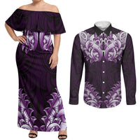 New Zealand Ta Moko Couples Matching Off Shoulder Maxi Dress and Long Sleeve Button Shirt Aotearoa Maori Chest Tattoo Purple