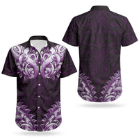New Zealand Ta Moko Couples Matching Off The Shoulder Long Sleeve Dress and Hawaiian Shirt Aotearoa Maori Chest Tattoo Purple