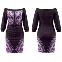 New Zealand Ta Moko Couples Matching Off The Shoulder Long Sleeve Dress and Hawaiian Shirt Aotearoa Maori Chest Tattoo Purple