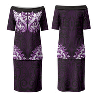 New Zealand Ta Moko Couples Matching Puletasi and Long Sleeve Button Shirt Aotearoa Maori Chest Tattoo Purple