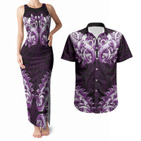 New Zealand Ta Moko Couples Matching Tank Maxi Dress and Hawaiian Shirt Aotearoa Maori Chest Tattoo Purple