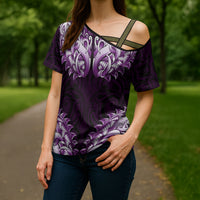 New Zealand Ta Moko Cross Shoulder Shirt Aotearoa Maori Chest Tattoo Purple