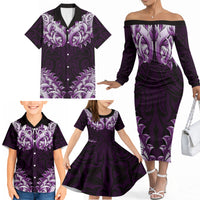 New Zealand Ta Moko Family Matching Off The Shoulder Long Sleeve Dress and Hawaiian Shirt Aotearoa Maori Chest Tattoo Purple