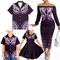New Zealand Ta Moko Family Matching Off The Shoulder Long Sleeve Dress and Hawaiian Shirt Aotearoa Maori Chest Tattoo Purple LT14 - Polynesian Pride
