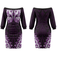 New Zealand Ta Moko Family Matching Off The Shoulder Long Sleeve Dress and Hawaiian Shirt Aotearoa Maori Chest Tattoo Purple LT14 Mom's Dress Purple - Polynesian Pride