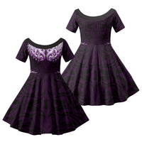 New Zealand Ta Moko Family Matching Off The Shoulder Long Sleeve Dress and Hawaiian Shirt Aotearoa Maori Chest Tattoo Purple LT14 Daughter's Dress Purple - Polynesian Pride