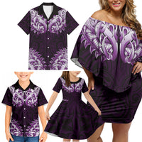 New Zealand Ta Moko Family Matching Off Shoulder Short Dress and Hawaiian Shirt Aotearoa Maori Chest Tattoo Purple