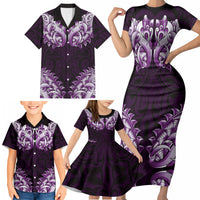 New Zealand Ta Moko Family Matching Short Sleeve Bodycon Dress and Hawaiian Shirt Aotearoa Maori Chest Tattoo Purple LT14 - Polynesian Pride