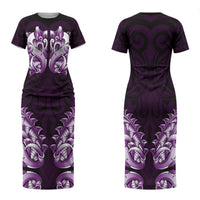 New Zealand Ta Moko Family Matching Short Sleeve Bodycon Dress and Hawaiian Shirt Aotearoa Maori Chest Tattoo Purple LT14 Mom's Dress Purple - Polynesian Pride