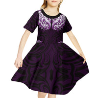 New Zealand Ta Moko Kid Short Sleeve Dress Aotearoa Maori Chest Tattoo Purple