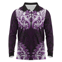 New Zealand Ta Moko Long Sleeve Polo Shirt Aotearoa Maori Chest Tattoo Purple