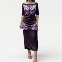 New Zealand Ta Moko Puletasi Aotearoa Maori Chest Tattoo Purple LT14 Long Dress Purple - Polynesian Pride