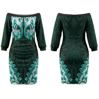 New Zealand Ta Moko Couples Matching Off The Shoulder Long Sleeve Dress and Long Sleeve Button Shirt Aotearoa Maori Chest Tattoo Turquoise