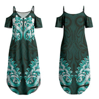New Zealand Ta Moko Couples Matching Summer Maxi Dress and Long Sleeve Button Shirt Aotearoa Maori Chest Tattoo Turquoise