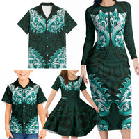 New Zealand Ta Moko Family Matching Long Sleeve Bodycon Dress and Hawaiian Shirt Aotearoa Maori Chest Tattoo Turquoise LT14 - Polynesian Pride