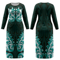 New Zealand Ta Moko Family Matching Long Sleeve Bodycon Dress and Hawaiian Shirt Aotearoa Maori Chest Tattoo Turquoise