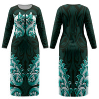 New Zealand Ta Moko Family Matching Long Sleeve Bodycon Dress and Hawaiian Shirt Aotearoa Maori Chest Tattoo Turquoise LT14 Mom's Dress Turquoise - Polynesian Pride
