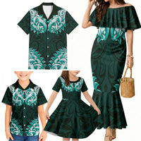 New Zealand Ta Moko Family Matching Mermaid Dress and Hawaiian Shirt Aotearoa Maori Chest Tattoo Turquoise LT14 - Polynesian Pride