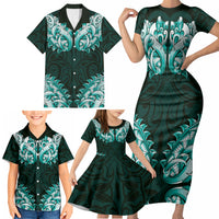 New Zealand Ta Moko Family Matching Short Sleeve Bodycon Dress and Hawaiian Shirt Aotearoa Maori Chest Tattoo Turquoise LT14 - Polynesian Pride