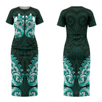 New Zealand Ta Moko Family Matching Short Sleeve Bodycon Dress and Hawaiian Shirt Aotearoa Maori Chest Tattoo Turquoise LT14 Mom's Dress Turquoise - Polynesian Pride