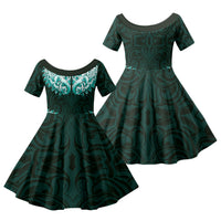 New Zealand Ta Moko Family Matching Short Sleeve Bodycon Dress and Hawaiian Shirt Aotearoa Maori Chest Tattoo Turquoise LT14 Daughter's Dress Turquoise - Polynesian Pride