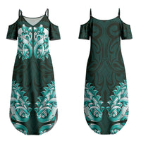 New Zealand Ta Moko Family Matching Summer Maxi Dress and Hawaiian Shirt Aotearoa Maori Chest Tattoo Turquoise