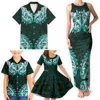 New Zealand Ta Moko Family Matching Tank Maxi Dress and Hawaiian Shirt Aotearoa Maori Chest Tattoo Turquoise LT14 - Polynesian Pride