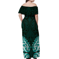 New Zealand Ta Moko Off Shoulder Maxi Dress Aotearoa Maori Chest Tattoo Turquoise
