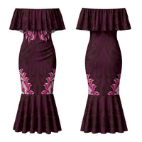 New Zealand Ta Moko Couples Matching Mermaid Dress and Long Sleeve Button Shirt Aotearoa Maori Chest Tattoo Pink