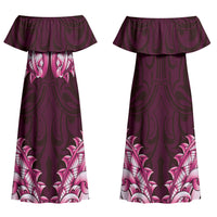 New Zealand Ta Moko Couples Matching Off Shoulder Maxi Dress and Long Sleeve Button Shirt Aotearoa Maori Chest Tattoo Pink